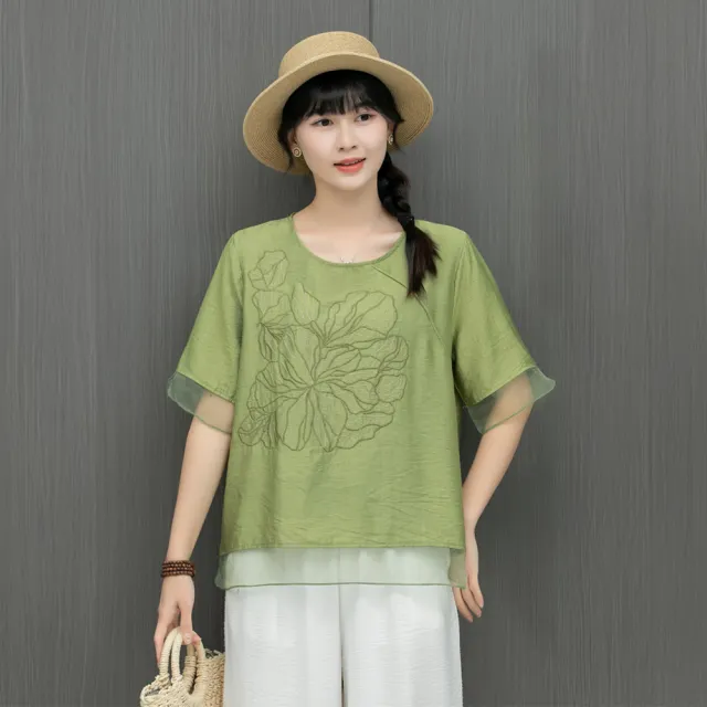 【Amore】日系簡約優雅刺繡棉麻拼接上衣 棉麻上衣 短袖上衣(拼接紗感袖輕透不悶熱)
