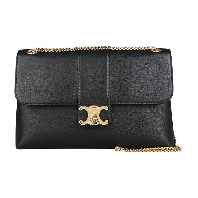 【CELINE】CELINE VICTOIRE 凱旋門釦頭設計小牛皮推扣肩背斜背鏈帶包(大/黑)【entrupy安心購】
