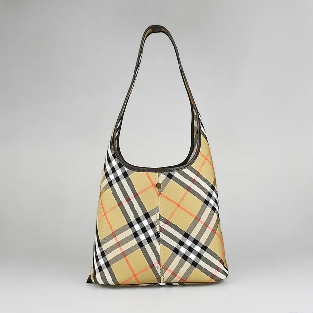 【BURBERRY 巴寶莉】BURBERRY 格紋設計帆布滾邊小牛皮扣式肩背子母包(米沙棕)