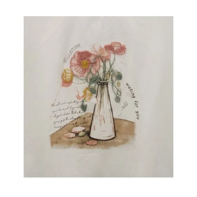 【YUTZUYA 優姿雅】浪漫繡線花樽高彈寬版T恤/上衣(短袖/高彈棉質/刺繡繡線/印圖/百搭圓領)