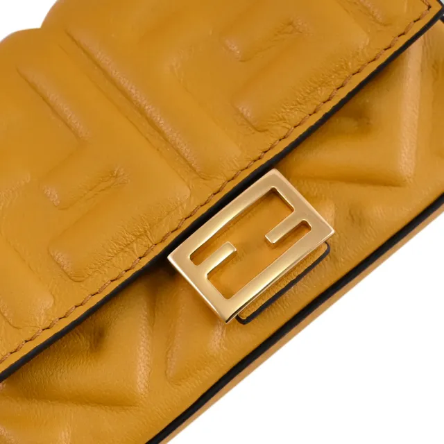 【FENDI 芬迪】金屬F LOGO NAPPA皮革鑰匙扣卡片包斜背小包小廢包(黃)