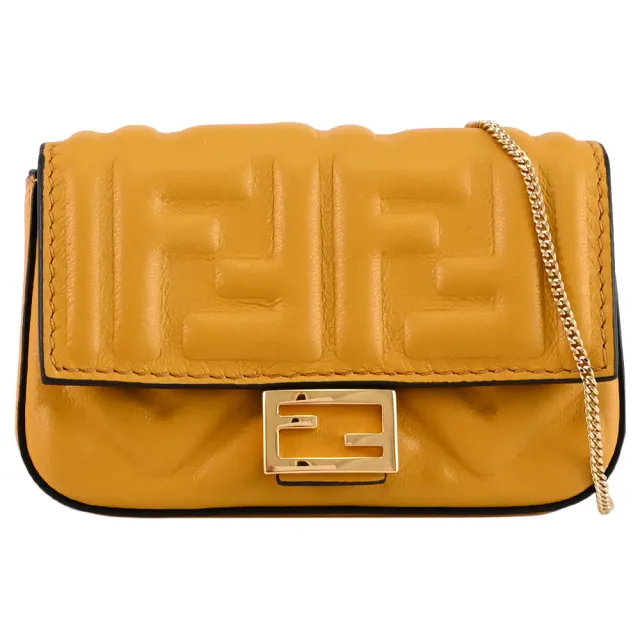 【FENDI 芬迪】金屬F LOGO NAPPA皮革鑰匙扣卡片包斜背小包小廢包(黃)
