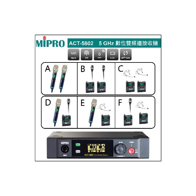 【MIPRO】ACT-5802 數位雙頻無線麥克風手握ACT-580H /MU-80A(配件六擇一)