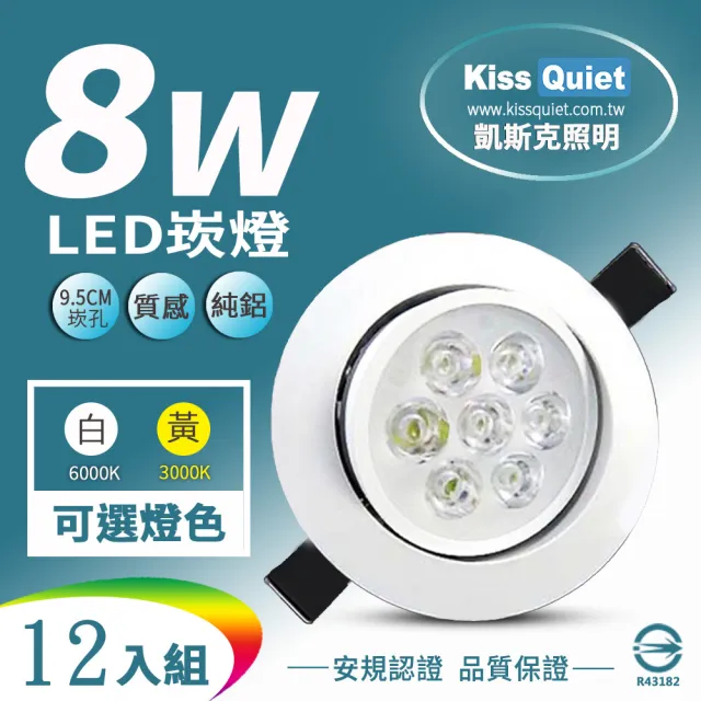 【KISS QUIET】12入組 ８W LED崁燈 開孔9.5cm(鹵素燈 崁燈 投射燈 嵌燈 燈泡 小射燈 LED崁燈)