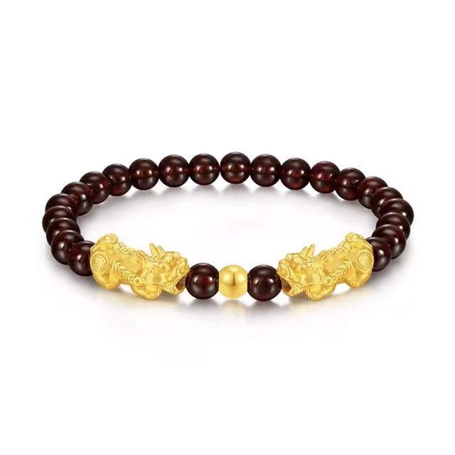 【迎鶴金品】黃金9999雙貔貅咬金珠石榴石串珠手鍊(0.22錢正負一厘)