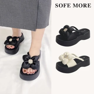【SOFE MORE】厚底涼拖鞋 花朵水鑽點綴 一字拖鞋 女款平底增高鞋 花飾休閒厚底拖鞋(花朵厚底拖鞋)