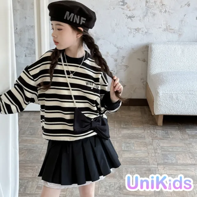 【UniKids】現貨160碼 中大童裝條紋長袖大學T恤 女大童裝  VPQBT-80(黑白條衛衣)