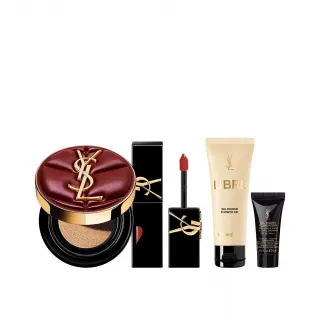 【YSL】官方直營 恆久完美雲朵鎖心彩妝組(霧光氣墊粉餅 雲朵皮革版+奢華印記鎖心光唇釉)