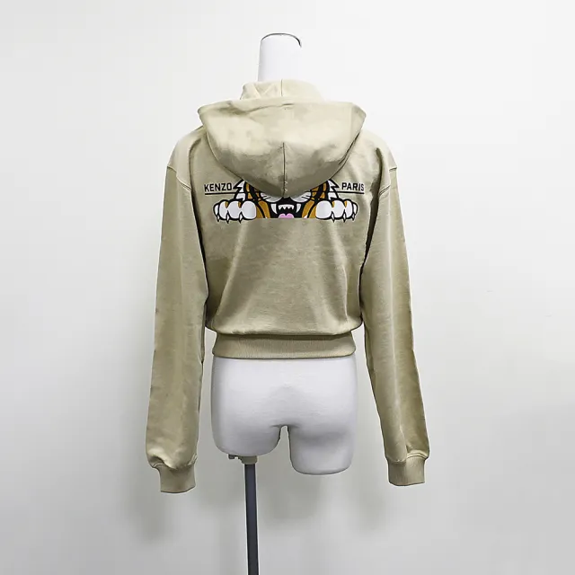【KENZO】KENZO Happy Tiger印花LOGO純棉雙拉鍊頭短版長袖連帽外套(女款/淺米)