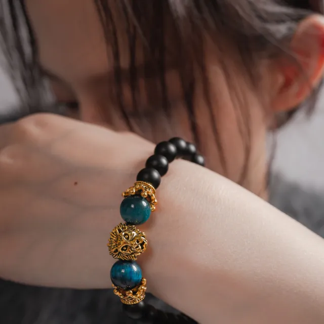 【天天水晶 TINGTING】彩虎眼 x 黑曜石 祥獅 皇冠 設計款水晶手鍊辟邪招財運A080016
