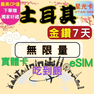 【Star SIM 星光卡】金鑽土耳其上網卡7天 高速 無限量 吃到飽(實體卡  eSIM兌換碼紙本寄送)