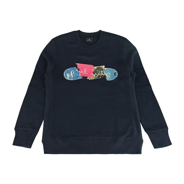 【Paul Smith】PAUL SMITH草寫白字LOGO斷裂滑板多彩印花有機棉長袖T恤(男款/墨藍)