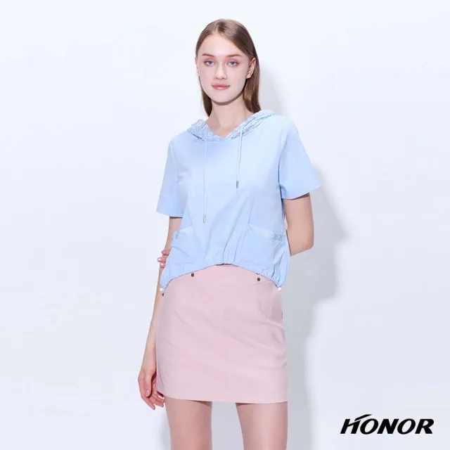 【HONOR 山形屋】出清品 蕾絲拼接連帽口袋收襬短袖上衣-藍(限定出清)
