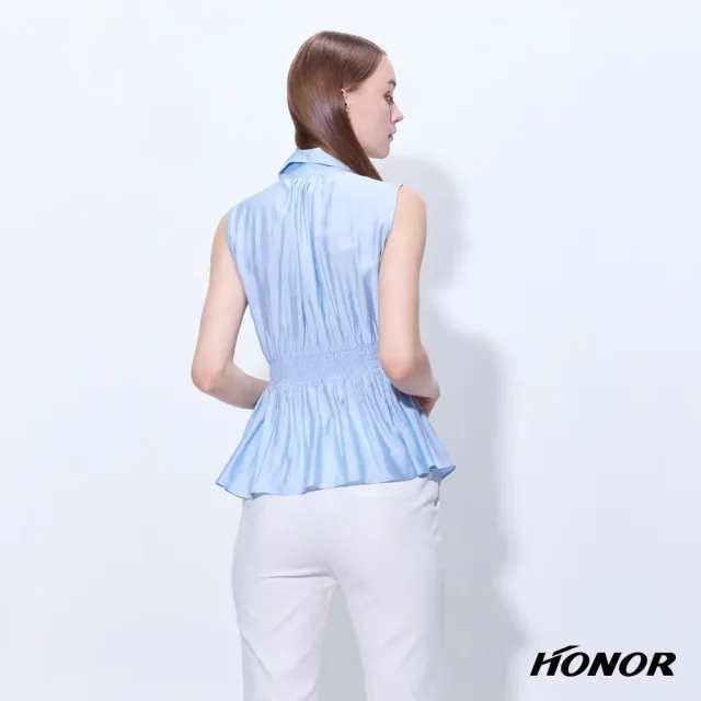 【HONOR 山形屋】出清品 立體抽褶荷葉襬收腰無袖襯衫-藍(限定出清)