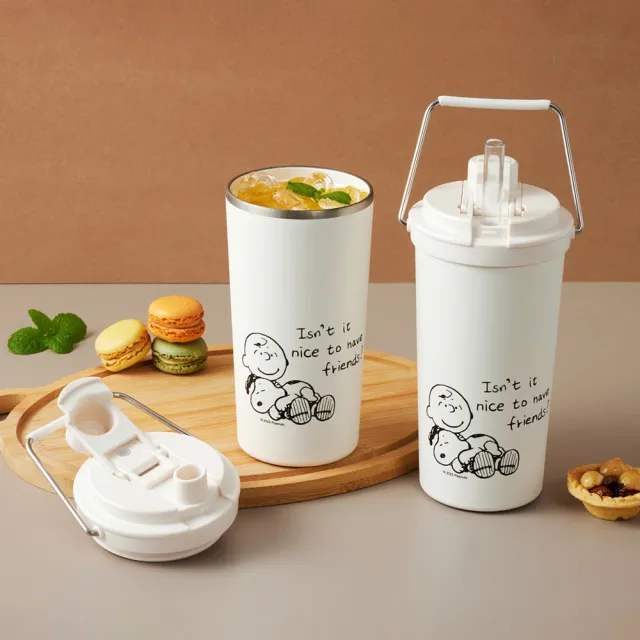 【CorelleBrands 康寧餐具】SNOOPY鋅動輕瓷大容量不鏽鋼手提保溫杯800ml(復刻黑白/露營趣-兩款任選)