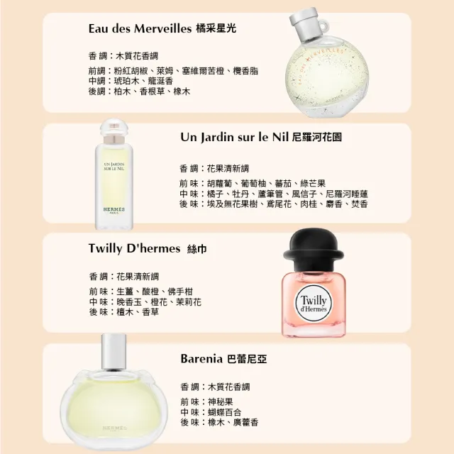 【Hermes 愛馬仕】小香禮盒四入組 7.5ml*4(絲巾/橘彩星光/尼羅河花園/巴蕾尼亞)