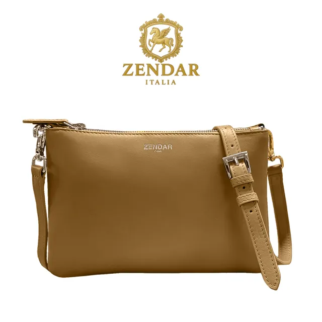 【ZENDAR】限量1折 頂級小牛皮雙層肩背包側背包 米凱拉系列 全新專櫃展示品(琥珀/咖啡色)