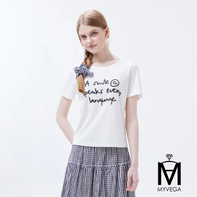 【MYVEGA 麥雪爾】MA兩件式棉質字母刺繡格紋套裝-白(女洋裝/連身洋裝/套裝)