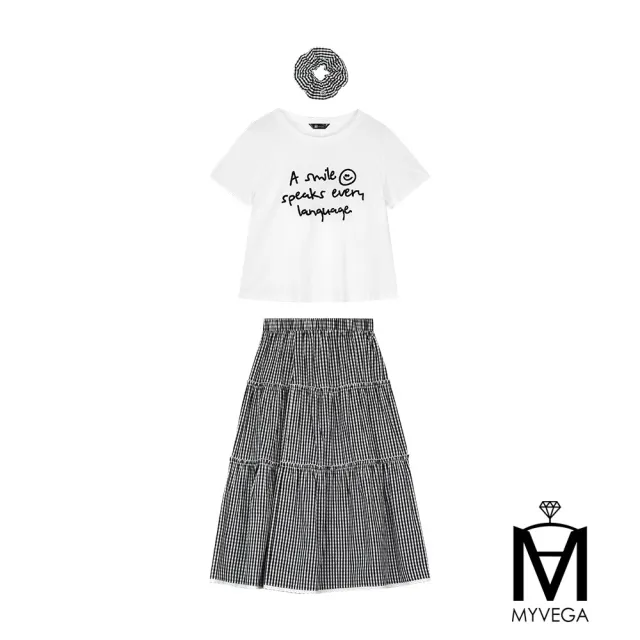 【MYVEGA 麥雪爾】MA兩件式棉質字母刺繡格紋套裝-白(女洋裝/連身洋裝/套裝)
