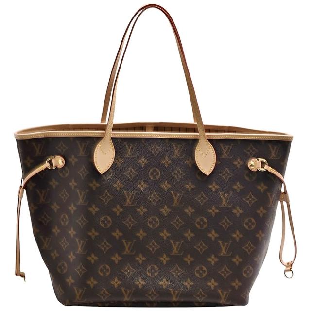 全新未使用的 LOUIS VUITTON 路易威登 M46975 經典 Neverfull MM Monogram 帆布肩背托特包，採用高品質帆布與牛皮製成，咖啡色系設計時尚大方，配有原廠防塵套與零錢包，尺寸為長31cm、寬14cm、高28cm，提把長約20cm，適合日常出門使用，為女性時尚配飾增添優雅氣質。