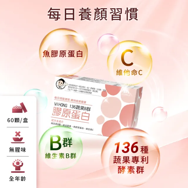 【MIHONG 米鴻生醫】136蔬果B群膠原蛋白1盒(60顆/盒-添加膠原蛋白.維生素C)