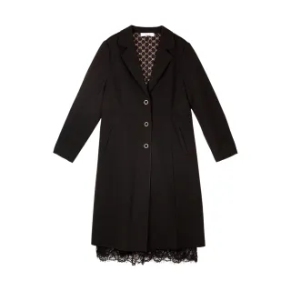 【MYVEGA 麥雪爾】出清品 大翻領下擺拼接蕾絲長版大衣外套-黑