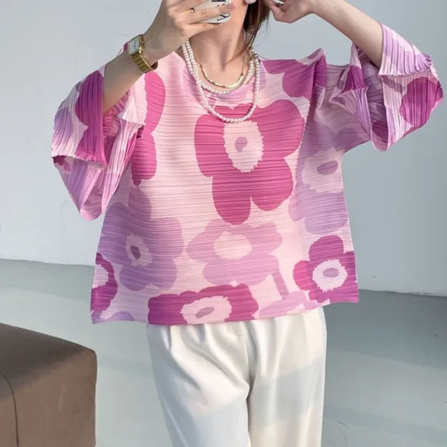 【巴黎精品】現貨+預購 三宅風皺褶衣服褶皺上衣高級摺衣彈力女裝顯瘦折衣大碼(七分袖寬鬆T恤2色a1jb10)