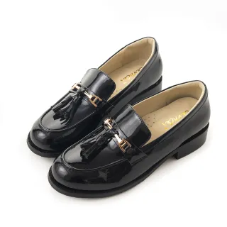 【amai】質感流蘇漆皮低跟樂福鞋 粗跟鞋 平底鞋 懶人鞋 時尚 優雅 百搭 大尺碼 LF14-94BK(黑色)