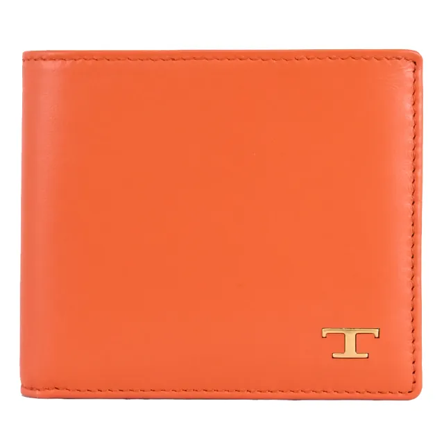 【TOD’S】TODS 復古金屬T LOGO小牛皮雙層對折8卡短夾(橘)