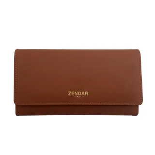 【ZENDAR】限量1折 台灣總代理 頂級小牛皮防刮十字紋三摺長夾 蘿絲系列 全新專櫃展示品(琥珀色 送禮盒提袋)