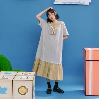 【Dailo】水手領休閒寬鬆百褶短袖洋裝(淺灰 深灰)