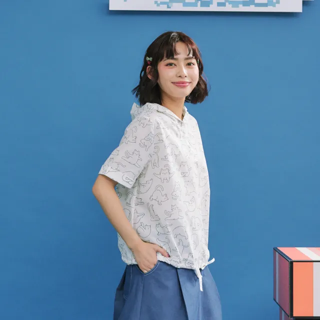 【Dailo】瑜珈貓下襬抽繩短袖連帽衫(藍 白 綠/魅力商品)