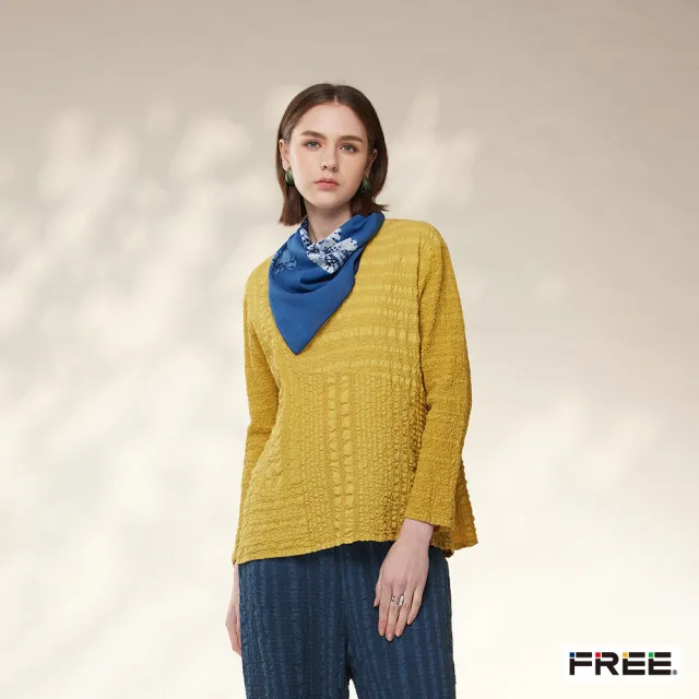 【FREE】free.草木染皺感拼接寬版上衣(酪黃/灰藍)