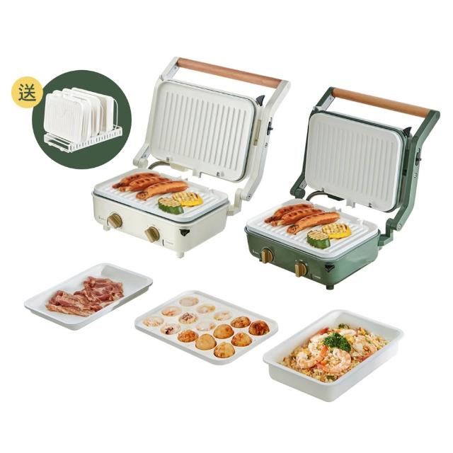 【MATURE 美萃】夾心陶瓷爐澎湃歡樂組-主機兩色含3個烤盤-送收納架(CY-1624)