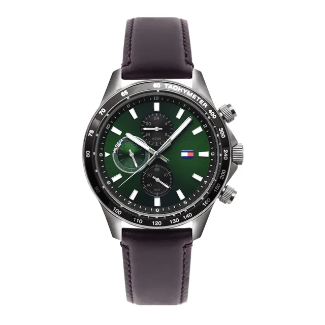 【TOMMY HILFIGER】灰框 綠面 紫咖啡色皮革錶帶 雙時區顯示 44mm 手錶 男錶 母親節(1792017) - momo購物網 ...