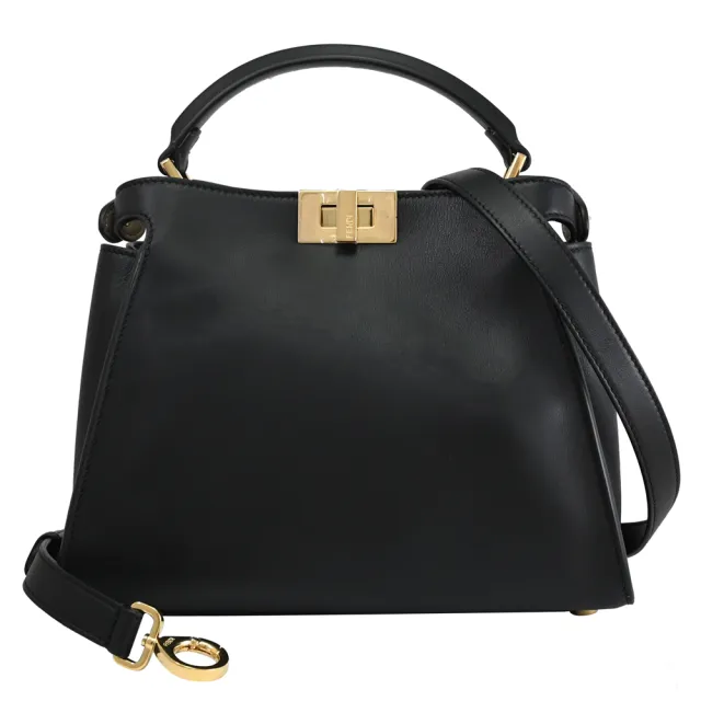 【FENDI 芬迪】Peekaboo 簡約品牌經典小牛皮雙層單柄手提秀包兩用包(黑)【entrupy安心購】