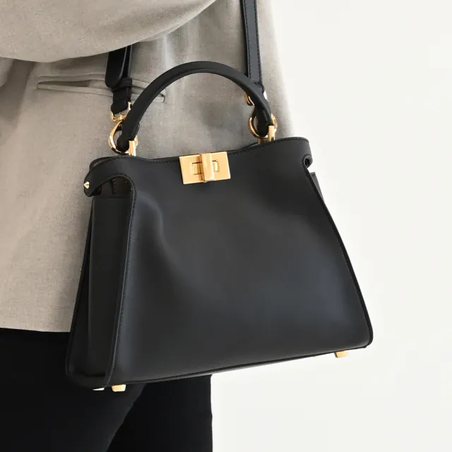 【FENDI 芬迪】Peekaboo 簡約品牌經典小牛皮雙層單柄手提秀包兩用包(黑)【entrupy安心購】
