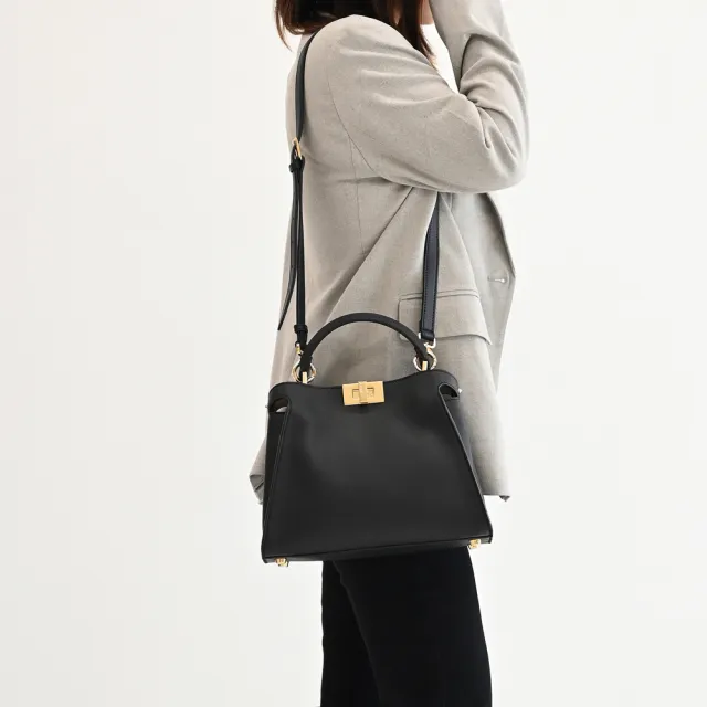 【FENDI 芬迪】Peekaboo 簡約品牌經典小牛皮雙層單柄手提秀包兩用包(黑)【entrupy安心購】