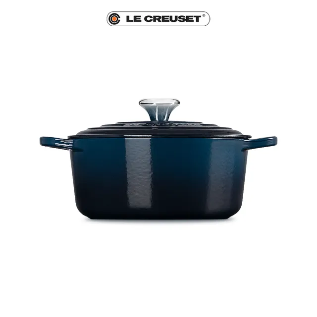 【Le Creuset】典藏琺瑯鑄鐵鍋圓鍋 24cm(夜謐藍-霓彩頭-內鍋白)