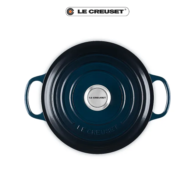 【Le Creuset】典藏琺瑯鑄鐵鍋圓鍋 24cm(夜謐藍-霓彩頭-內鍋白)