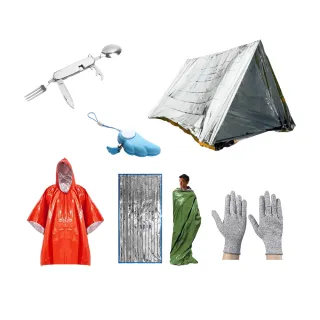 【索樂生活】地震防災緊急避難包配件-保暖雨衣 應急帳篷 應急睡袋 抗穿刺手套 應急警報器 刀叉勺餐具組