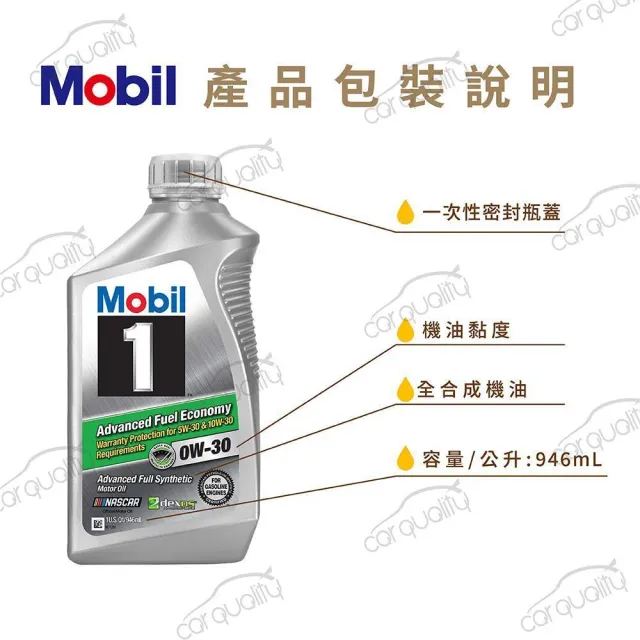 【MOBIL 美孚】美孚_機油1號 AFE 0W30 ECO 946ml整箱6入(車麗屋)