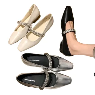 【JP Queen New York】閃耀水鑽一字扣仙氣方頭都會真皮淑女鞋(3色可選)