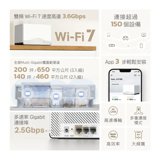 【Mercusys 水星】WiFi 7 BE3600 雙頻 2.5G 真 Mesh 無線路由器 分享器(支援AI筆電/Halo H27BE 三入組)