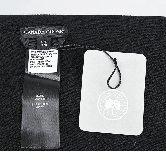 【CANADA GOOSE】CANADA GOOSE 北極地形LOGO布標羊毛螺紋毛帽(黑)