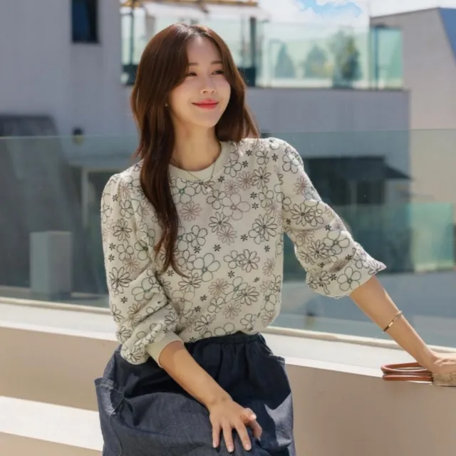 【baibeauty 白鳥麗子】可愛花朵彈性針織圓領長袖上衣(韓國製)