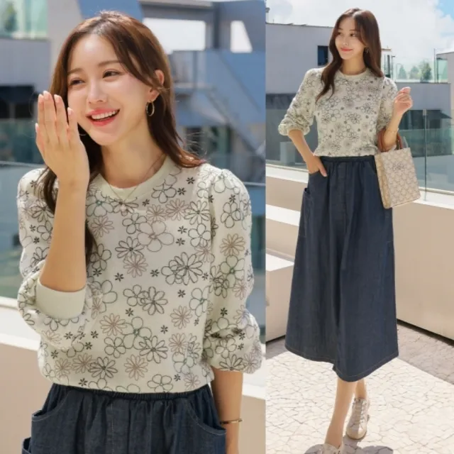 【baibeauty 白鳥麗子】可愛花朵彈性針織圓領長袖上衣(韓國製)