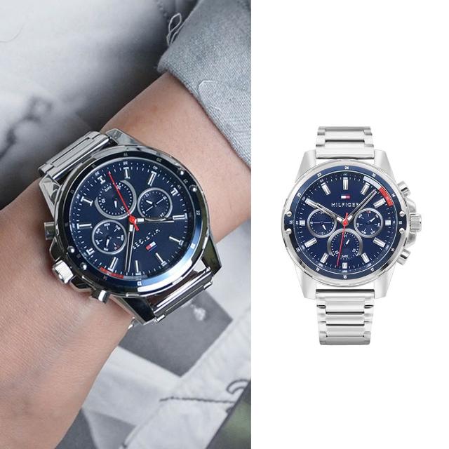 【TOMMY HILFIGER】銀框 藍面 三眼日期顯示 銀色不鏽鋼錶帶 45mm 男錶 手錶 情人節(1791788)
