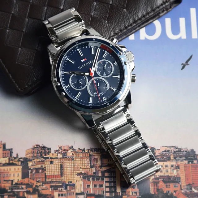【TOMMY HILFIGER】銀框 藍面 三眼日期顯示 銀色不鏽鋼錶帶 45mm 男錶 石英錶 雙11(1791788)