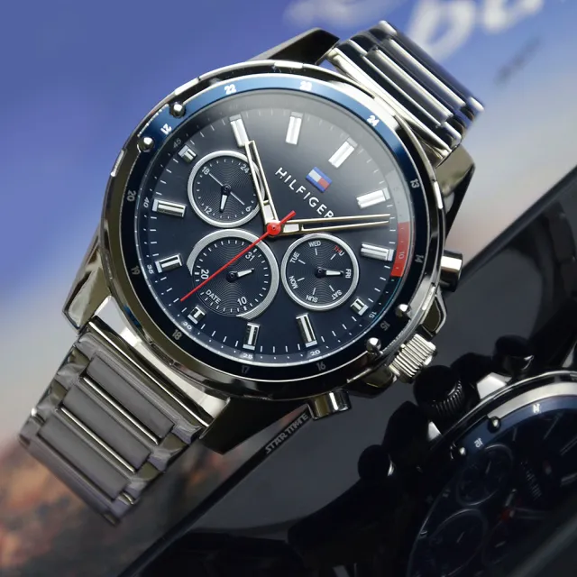 【TOMMY HILFIGER】銀框 藍面 三眼日期顯示 銀色不鏽鋼錶帶 45mm 男錶 石英錶 雙11(1791788)